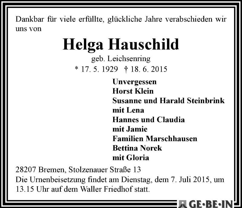 Traueranzeige von Helga Hauschild von WESER-KURIER