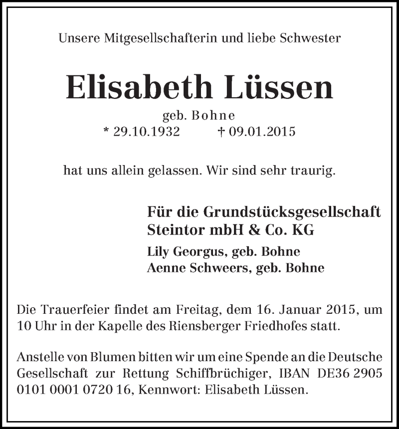 Traueranzeige von Elisabeth Lüssen von WESER-KURIER