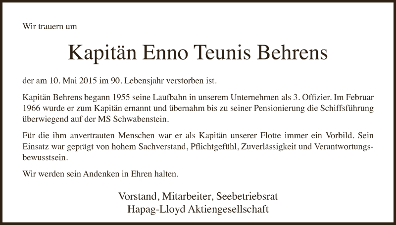 Traueranzeige von Enno Teunis Behrens von WESER-KURIER