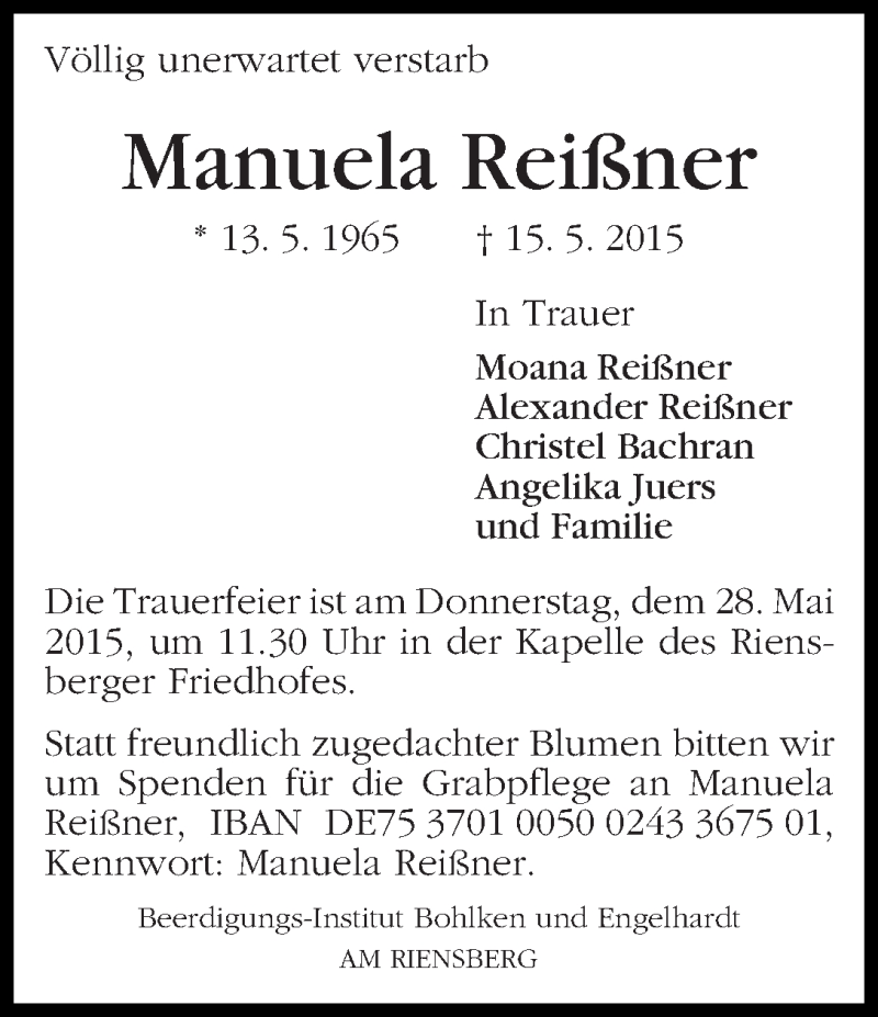 Traueranzeige von Manuela Reißner von WESER-KURIER