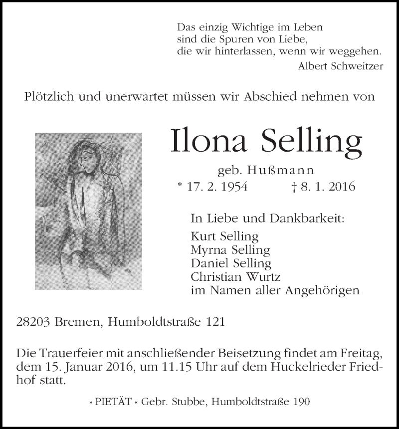 Traueranzeige von Ilona Selling von WESER-KURIER