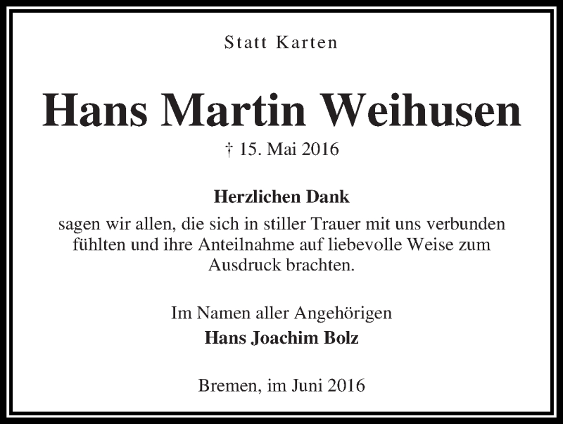 Traueranzeige von Hans Martin Weihusen von WESER-KURIER