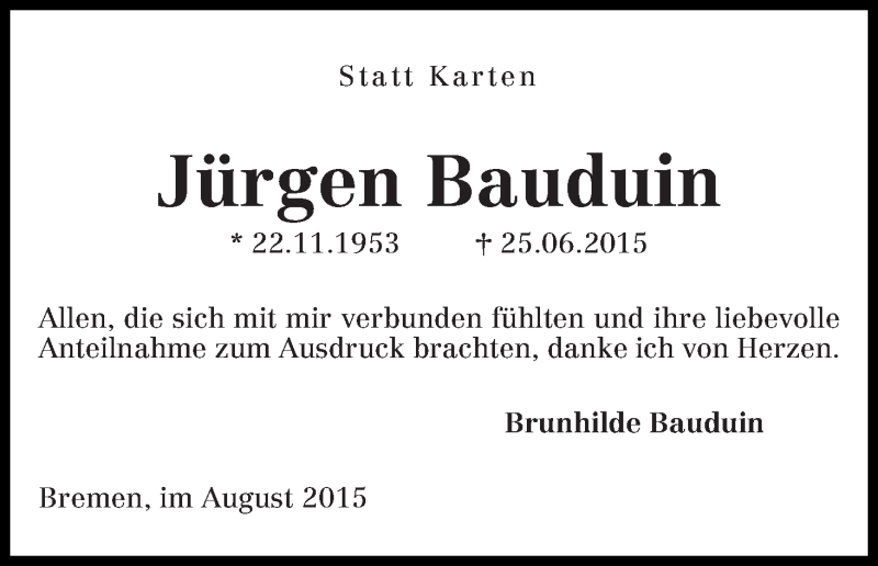 Traueranzeige von Jürgen Bauduin von Die Norddeutsche