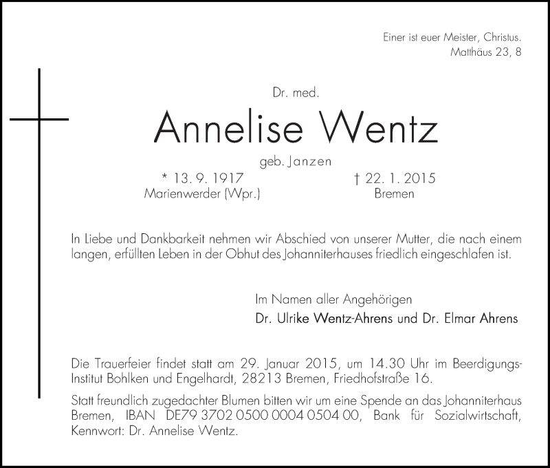 Traueranzeige von Anneliese Wentz von WESER-KURIER