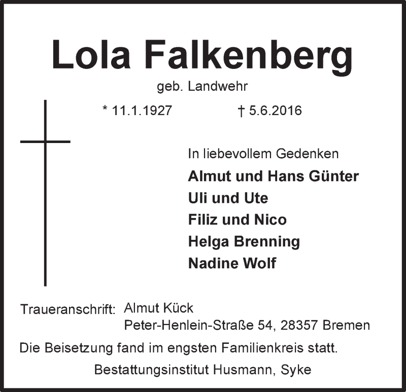 Traueranzeige von Lola Falkenberg von WESER-KURIER