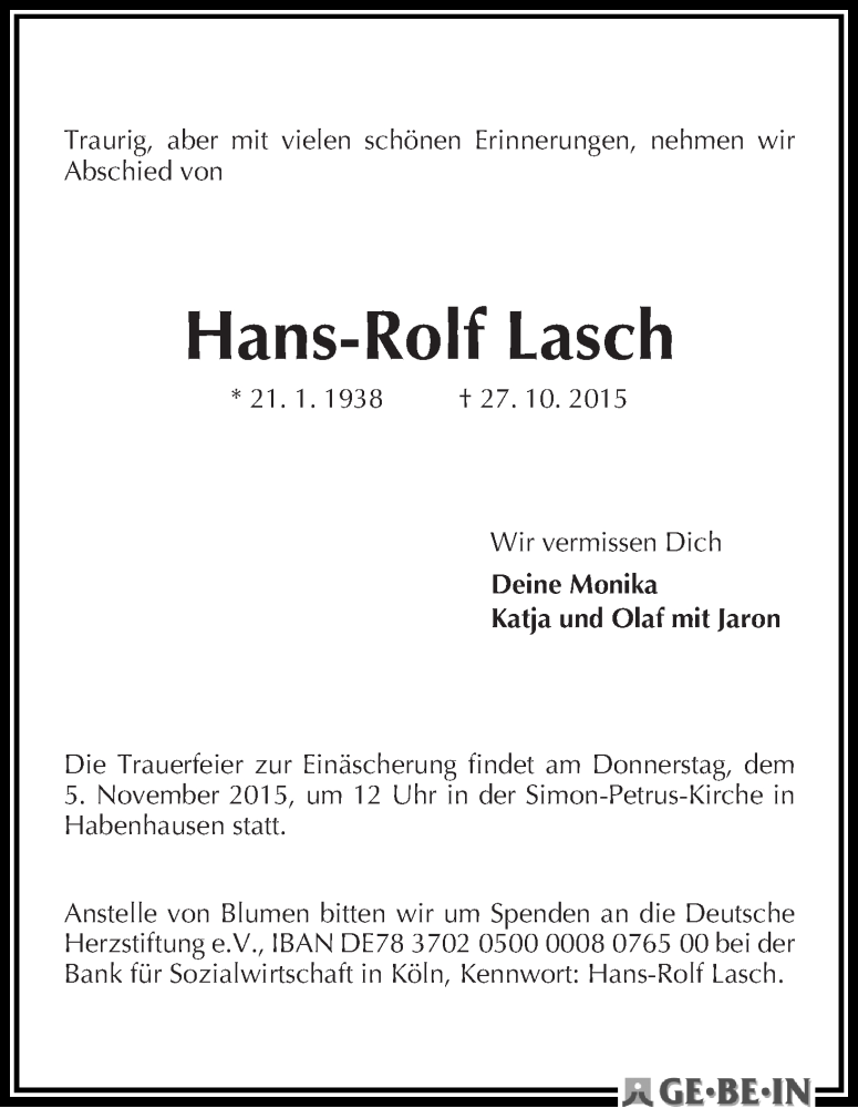 Traueranzeige von Hans-Rolf Lasch von WESER-KURIER