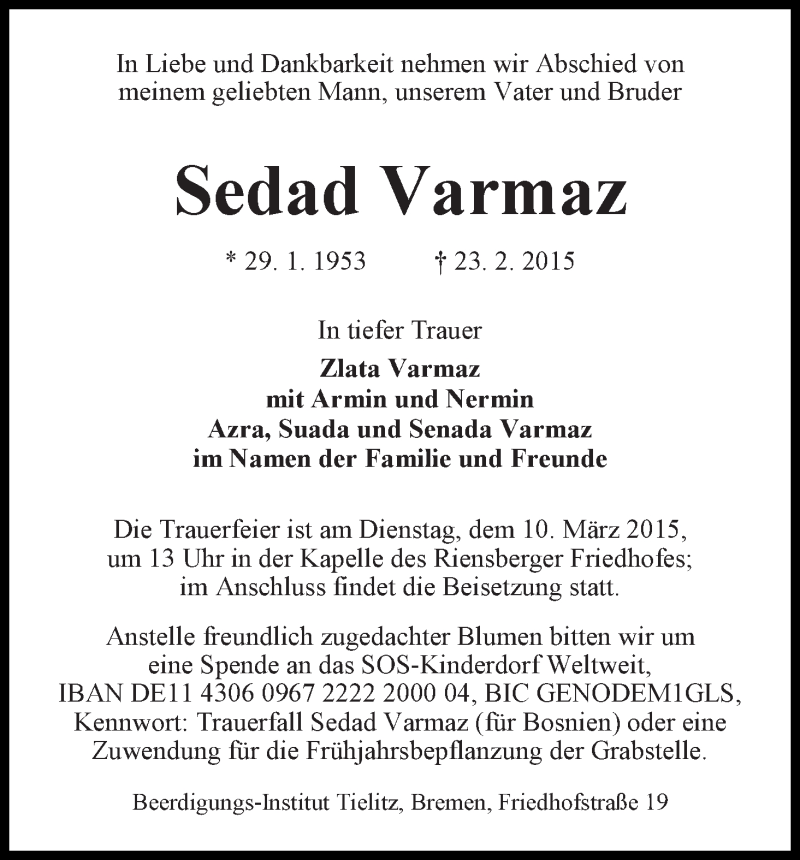 Traueranzeige von Sedad Varmaz von WESER-KURIER