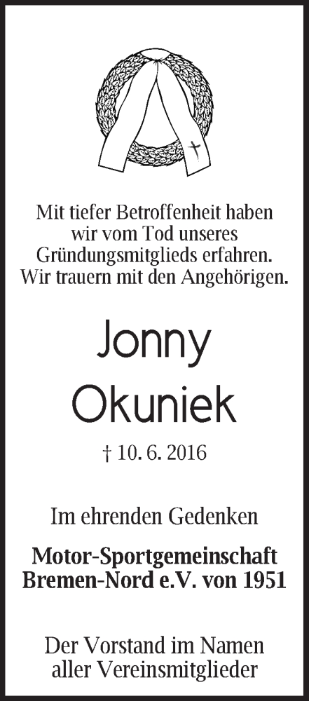 Traueranzeige von Jonny Okuniek von Die Norddeutsche