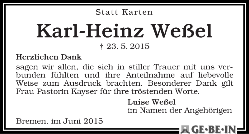 Traueranzeige von Karl-Heinz Weßel von WESER-KURIER