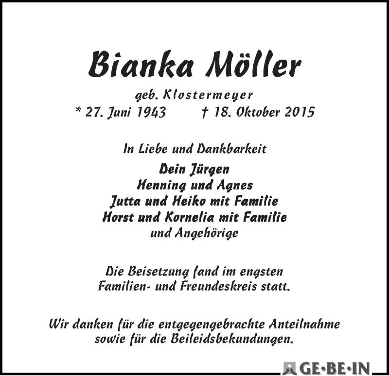 Traueranzeige von Bianka Möller von WESER-KURIER