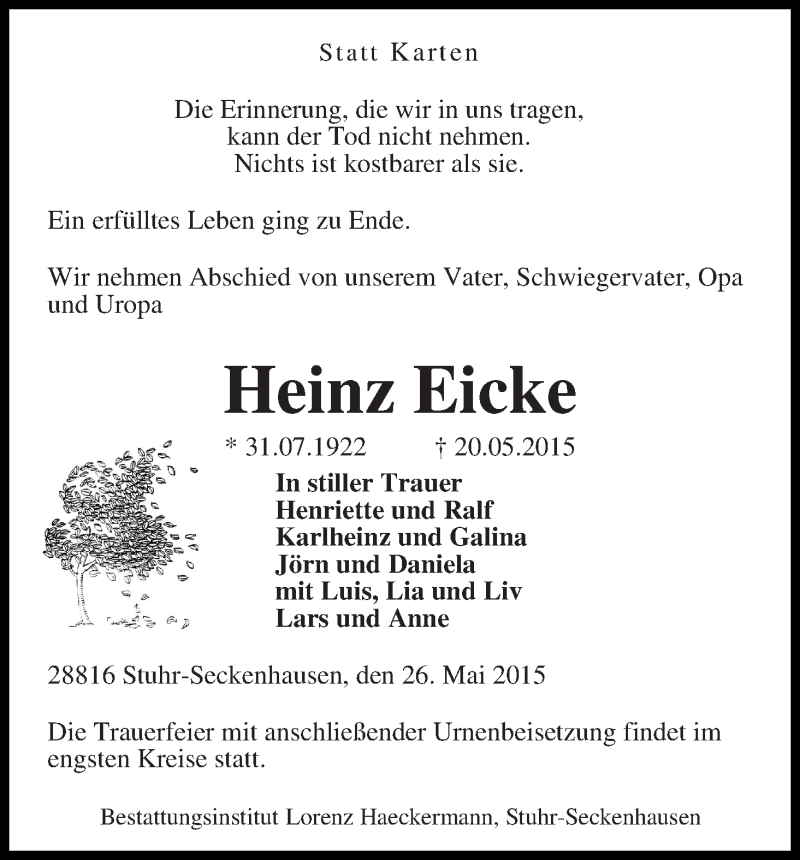 Traueranzeige von Heinz Eike von WESER-KURIER