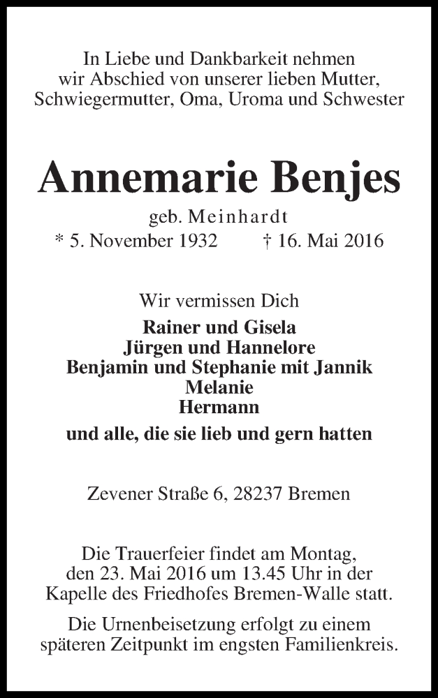 Traueranzeige von Annemarie Benjes von WESER-KURIER