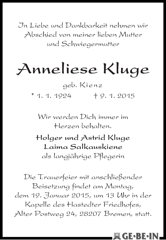 Traueranzeige von Anneliese Kluge von WESER-KURIER