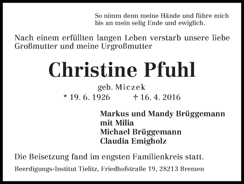 Traueranzeige von Christine Pfuhl von WESER-KURIER