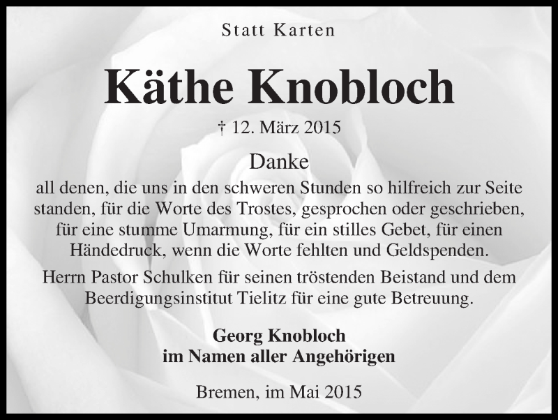 Traueranzeige von Käthe Knobloch von WESER-KURIER