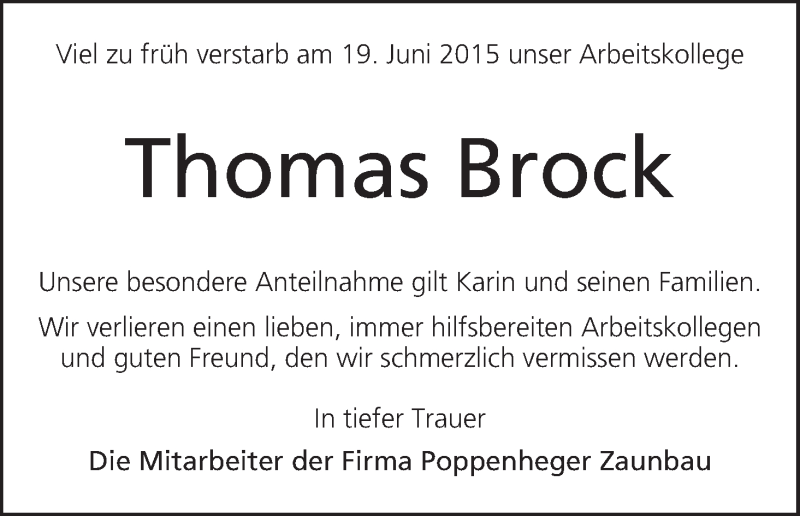 Traueranzeige von Thomas Brock von Regionale Rundschau/Syker Kurier