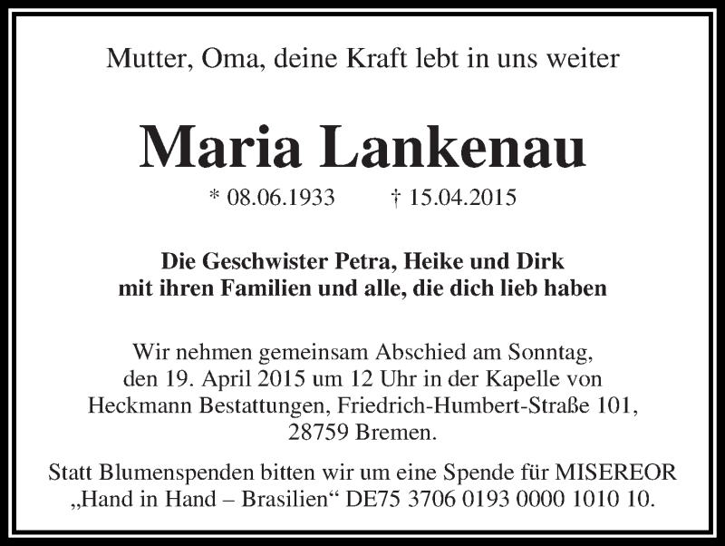 Traueranzeige von Maria Lankenau von WESER-KURIER
