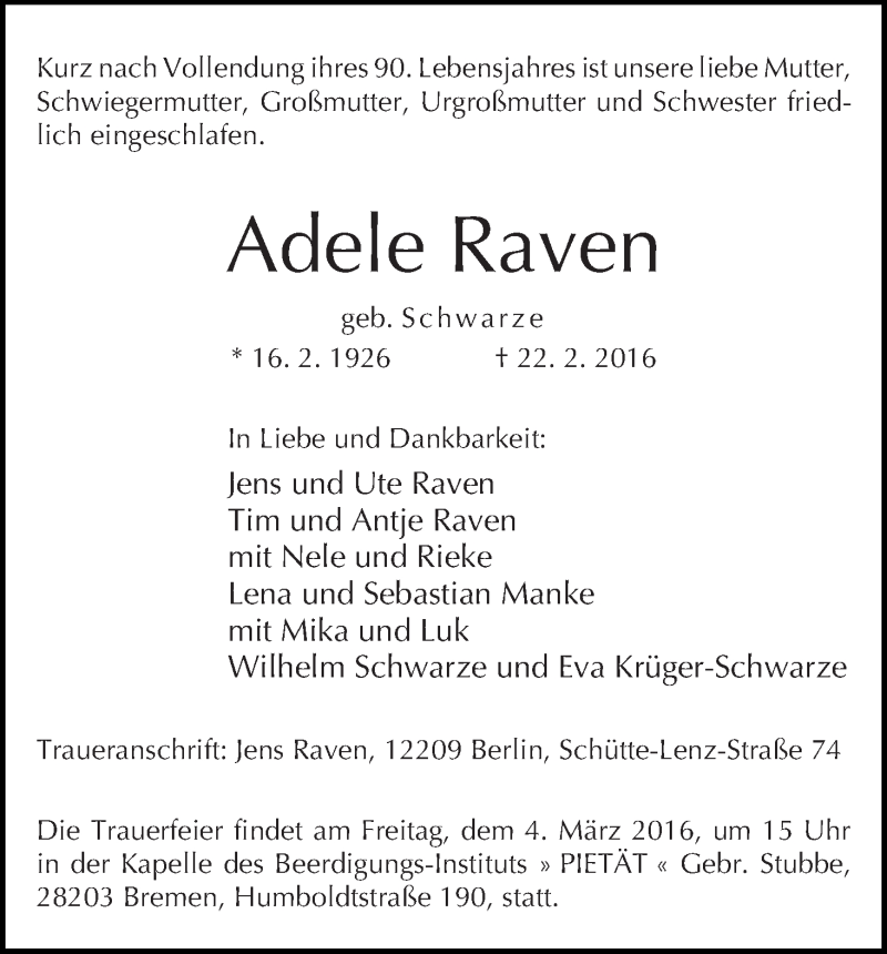 Traueranzeige von Adele Raven von WESER-KURIER