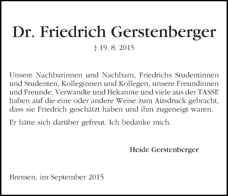 Traueranzeige von Friedrich Gerstenberger von WESER-KURIER