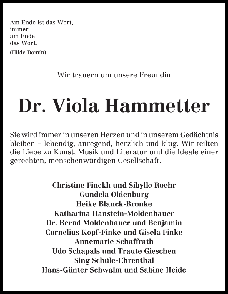 Traueranzeige von Viola Hammetter von WESER-KURIER