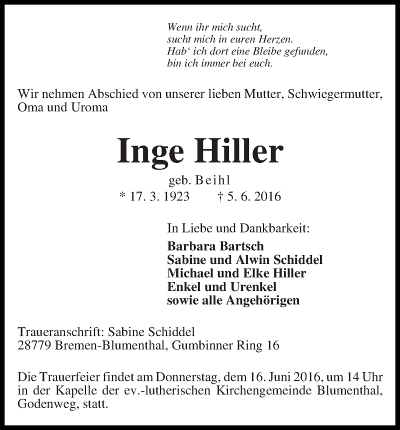 Traueranzeige von Inge Hiller von Die Norddeutsche