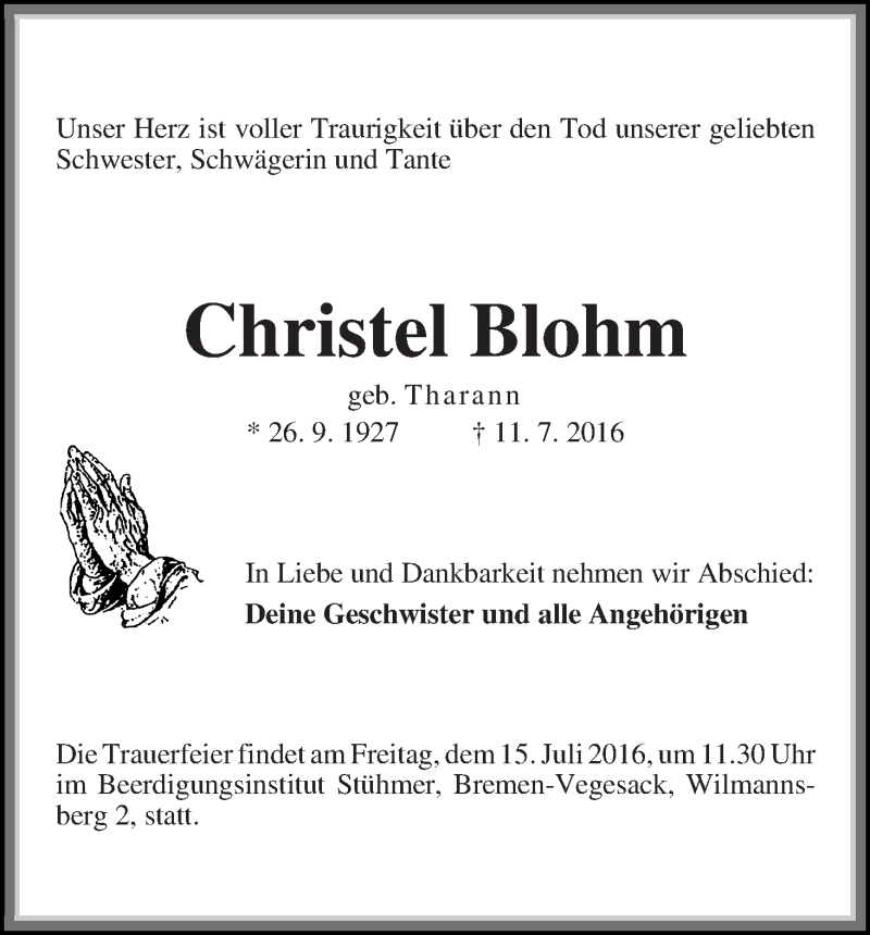 Traueranzeige von Christel Blohm von Die Norddeutsche