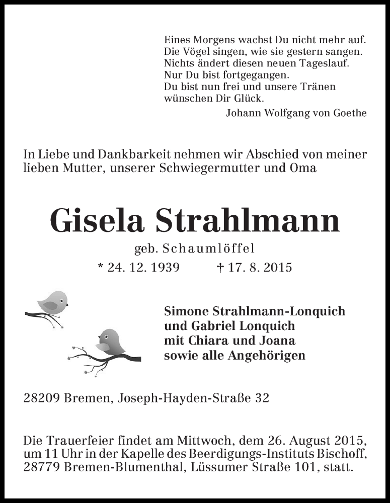 Traueranzeige von Gisela Strahlmann von Die Norddeutsche