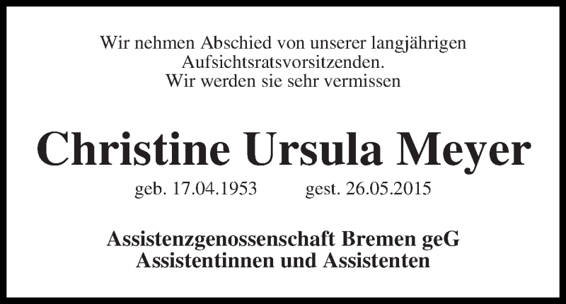 Traueranzeige von Christine Ursula Meyer von WESER-KURIER