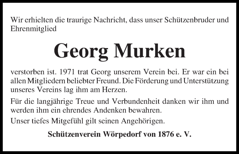 Traueranzeige von Georg Murken von Wuemme Zeitung