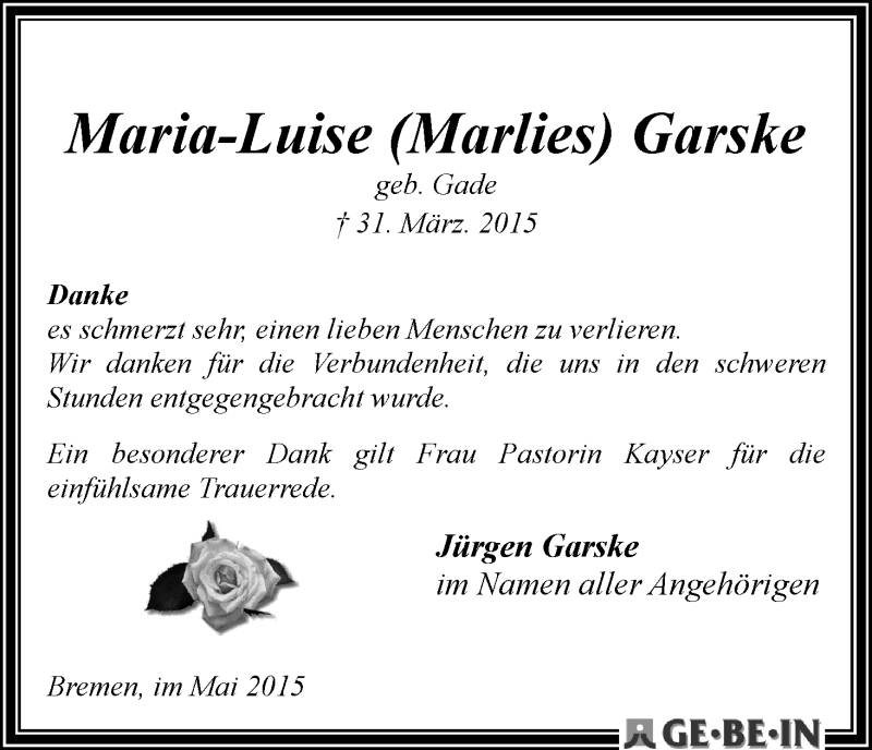 Traueranzeige von Maria-Luise Garske von WESER-KURIER