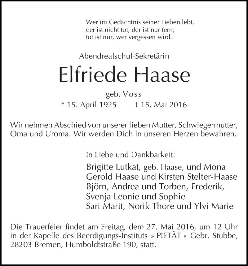 Traueranzeige von Elfriede Haase von WESER-KURIER