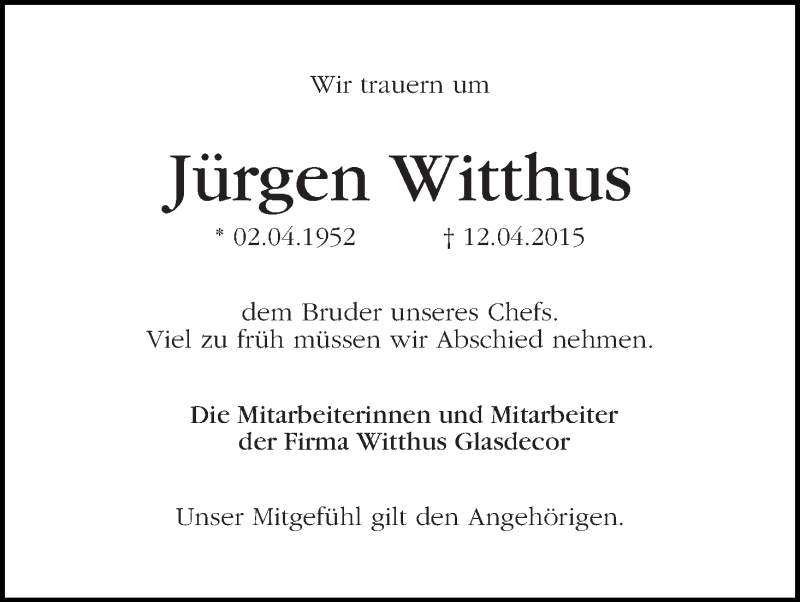 Traueranzeige von Jürgen Witthus von Die Norddeutsche