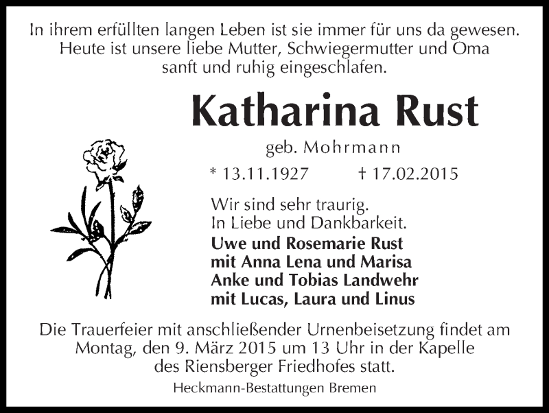Traueranzeige von Katharina Rust von WESER-KURIER