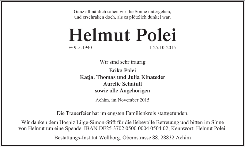 Traueranzeige von Helmut Polei von WESER-KURIER