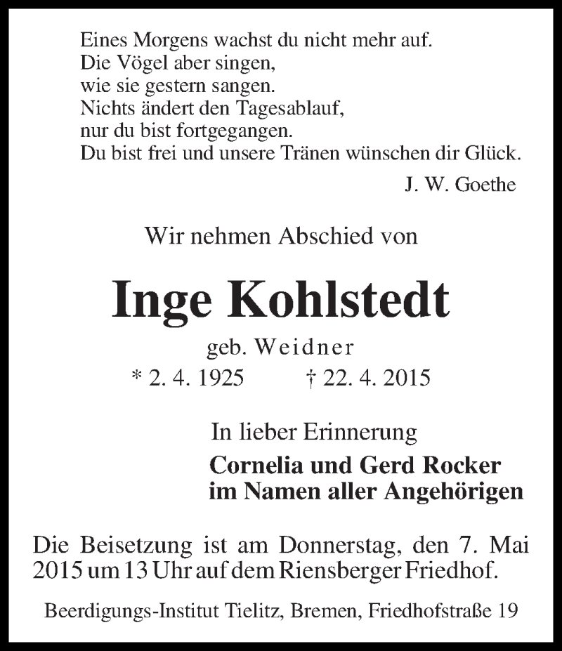 Traueranzeige von Inge Kohlstedt von WESER-KURIER