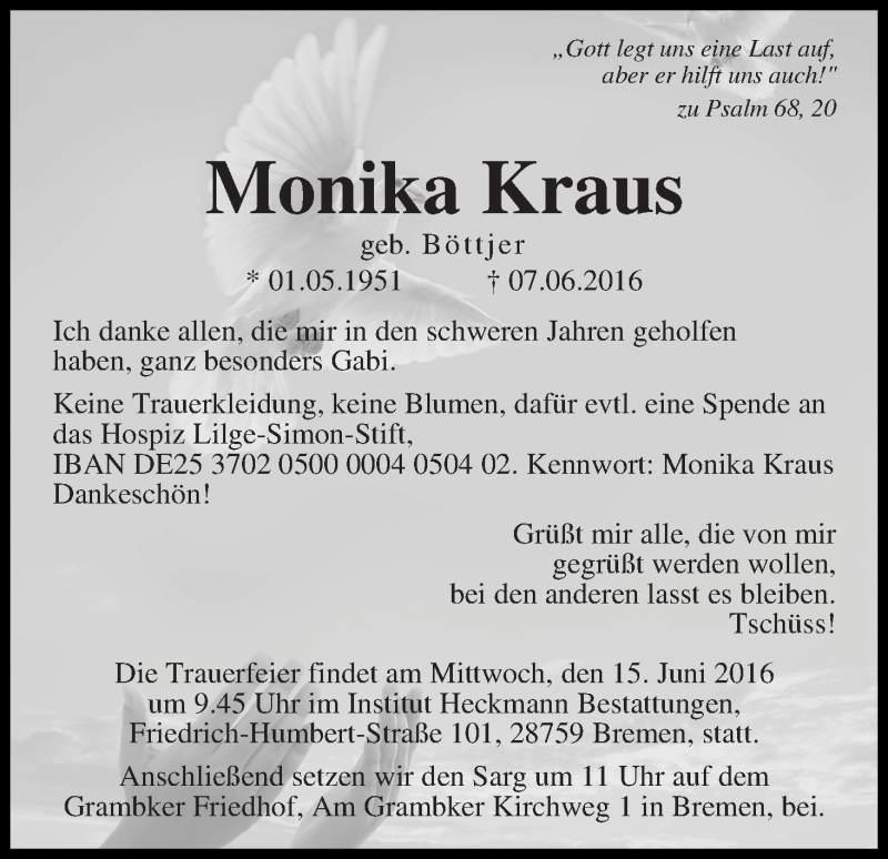 Traueranzeige von Monika Kraus von WESER-KURIER