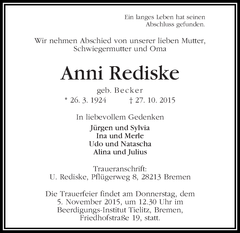 Traueranzeige von Anni Rediske von WESER-KURIER