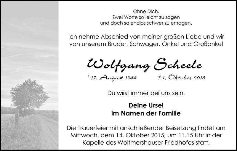Traueranzeige von Wolfgang Scheele von WESER-KURIER
