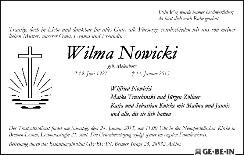 Traueranzeige von Wilma Nowicki von WESER-KURIER