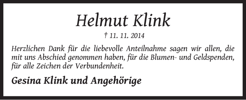 Traueranzeige von Helmut Klink von WESER-KURIER