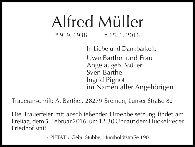 Traueranzeige von Alfred Müller von WESER-KURIER