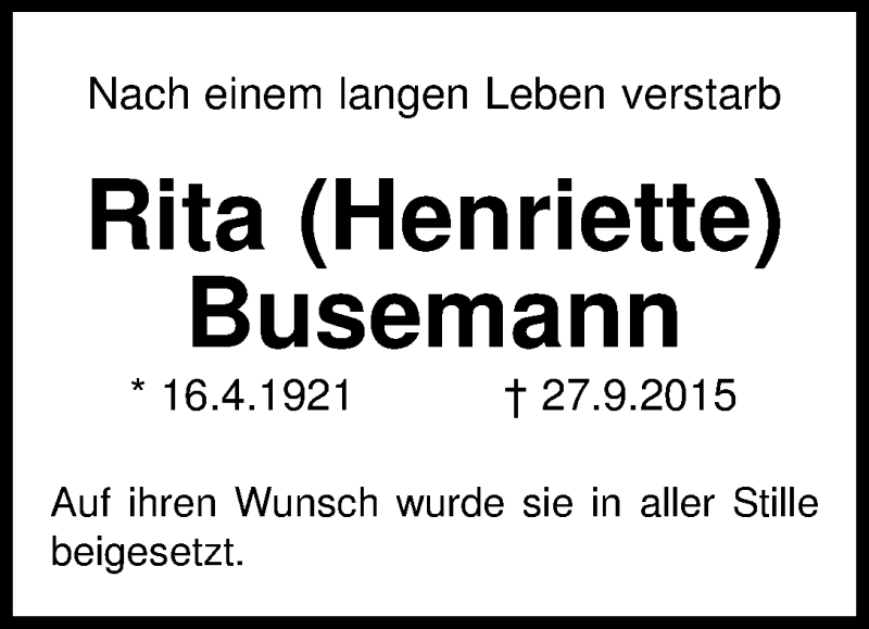 Traueranzeige von Rita Busemann von WESER-KURIER