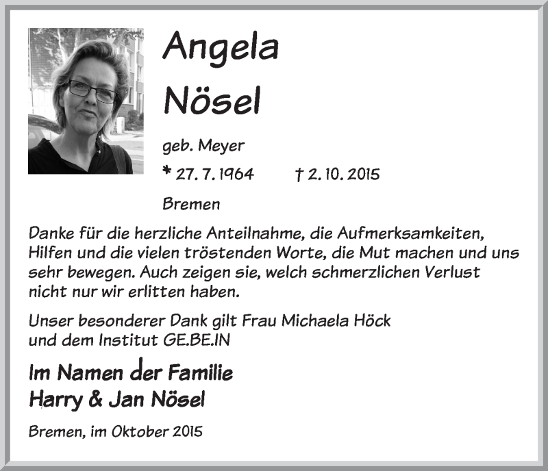 Traueranzeige von Angela Nösel von WESER-KURIER