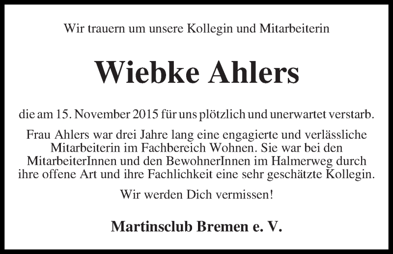 Traueranzeige von Wiebke Ahlers von WESER-KURIER