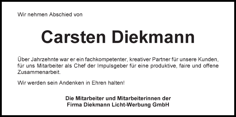 Traueranzeige von Carsten Diekmann von WESER-KURIER