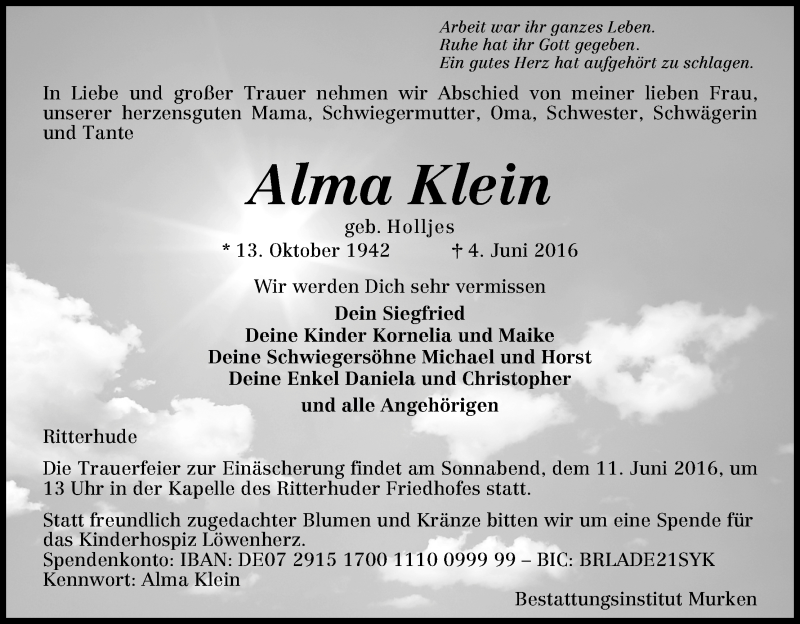 Traueranzeige von Alma Klein von Osterholzer Kreisblatt
