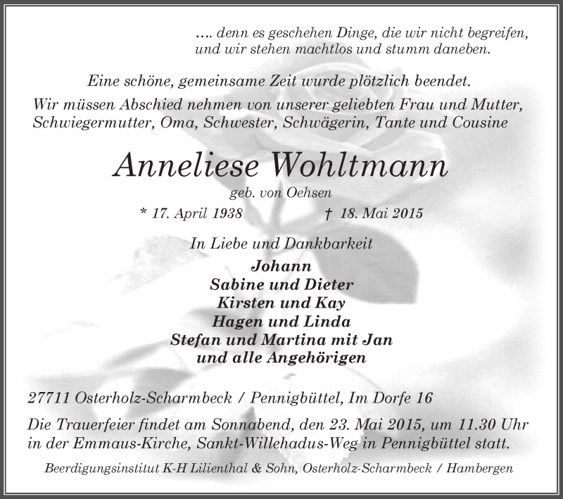 Traueranzeige von Anneliese Wohltmann von Osterholzer Kreisblatt