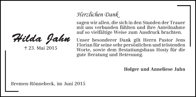 Traueranzeige von Hilda Jahn von Die Norddeutsche