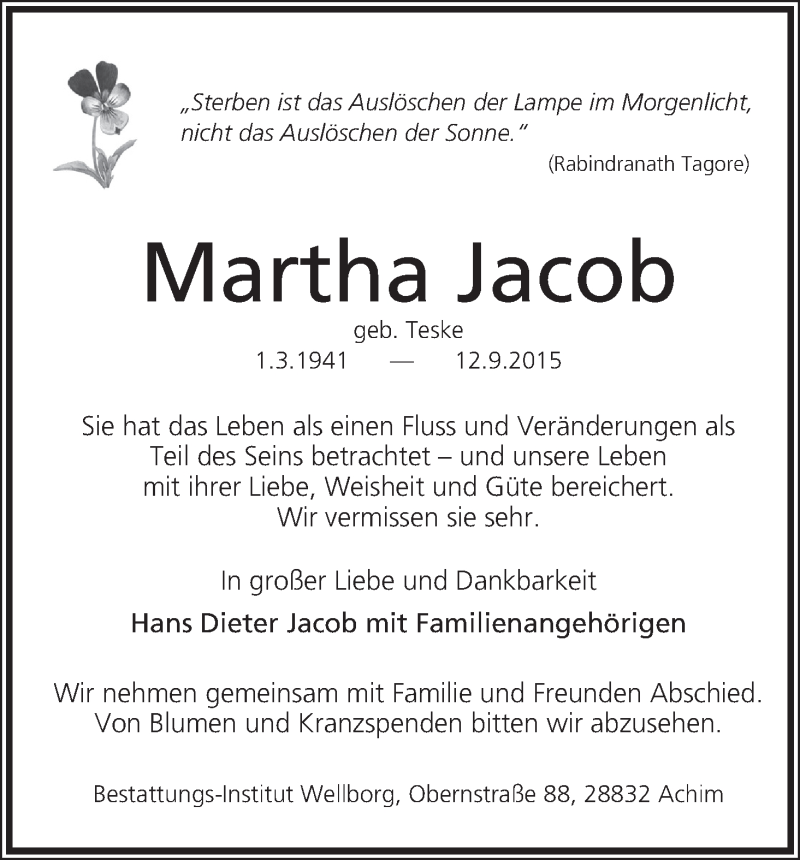 Traueranzeige von Martha Jacob von WESER-KURIER