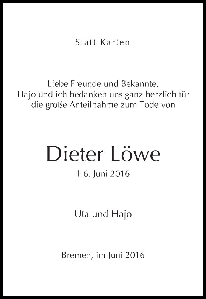 Traueranzeige von Dieter Löwe von WESER-KURIER